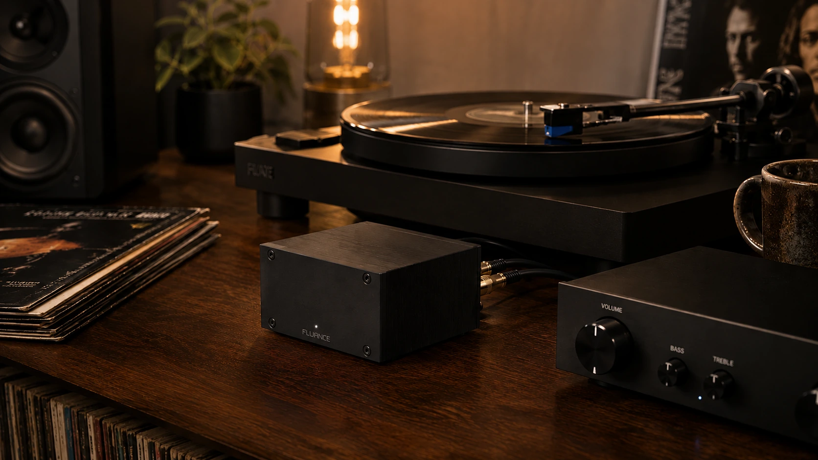 Fluance PA10 MM phono preamp connected to a turntable on a clean vinyl listening desk