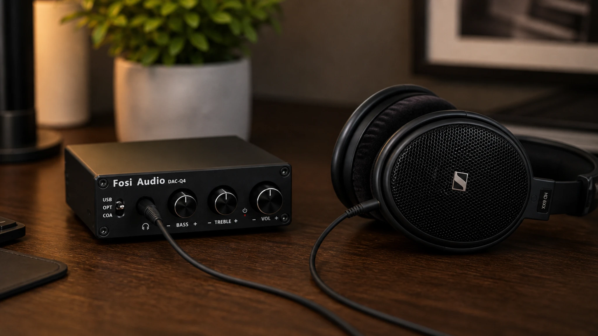 Fosi Audio DAC-Q4 headphone amplifier connected to Sennheiser HD 6XX on a warm wooden desk