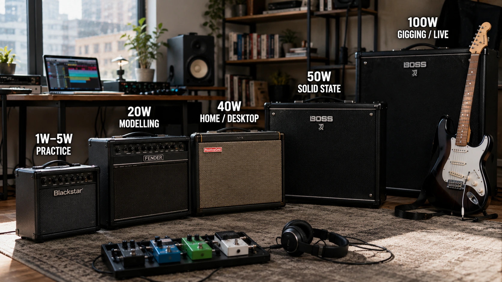 Guitar amp wattage explained — range of combo amps from 1W to 100W showing different power output options for home practice and live performance