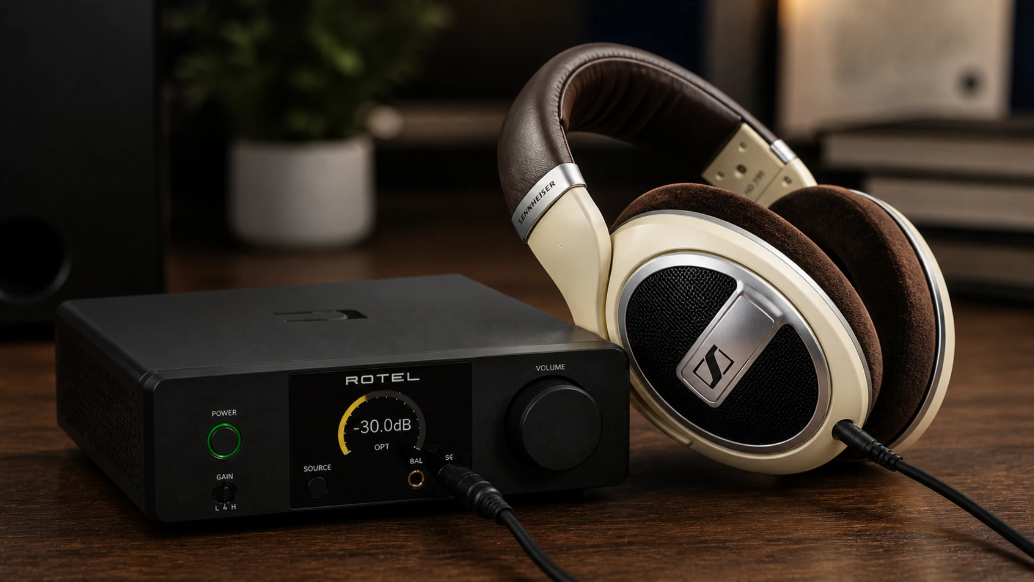 Desktop headphone amplifier setup with over-ear headphones on a wooden listening desk