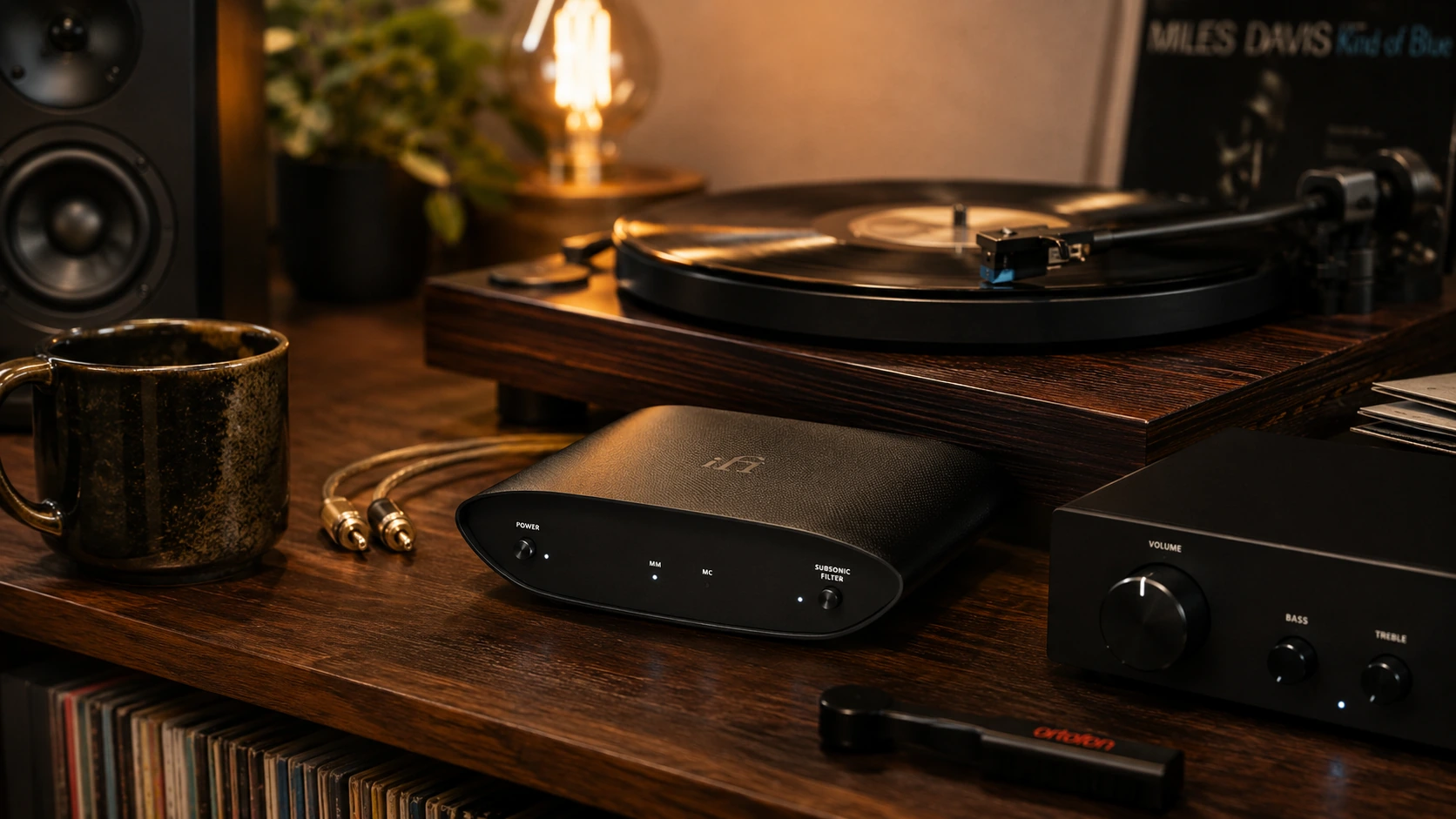 iFi Zen Air Phono entry MM/MC phono preamp beside a turntable and integrated amplifier on a vinyl listening setup