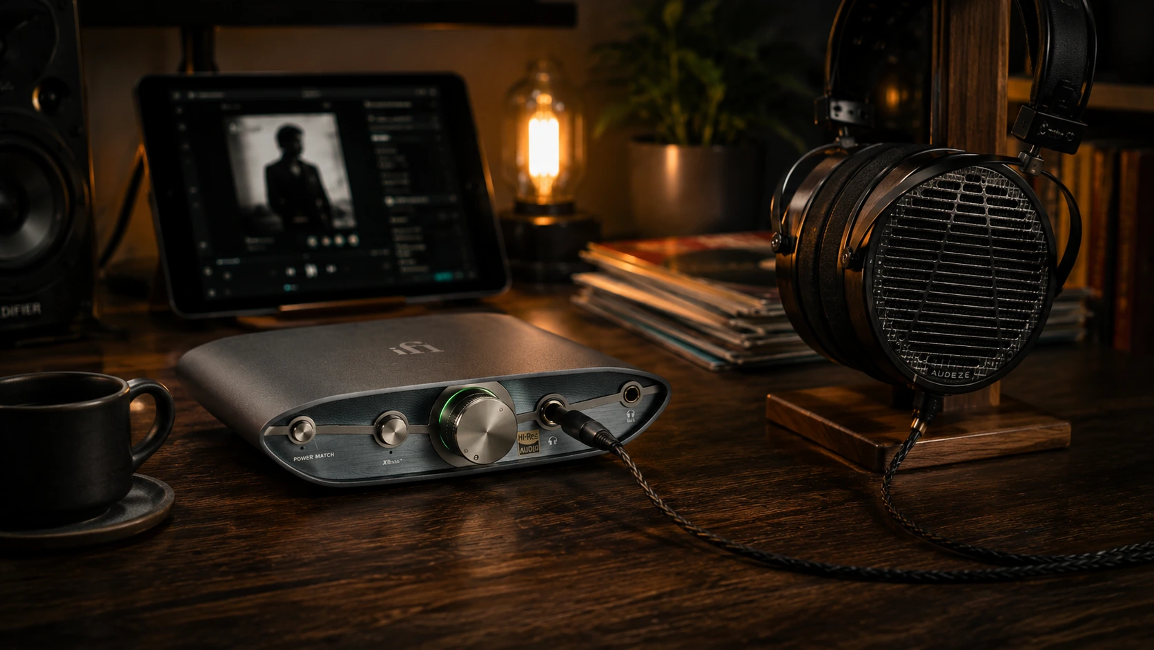 iFi Zen DAC 3 balanced desktop DAC headphone amplifier beside premium over-ear headphones in a warm home listening setup