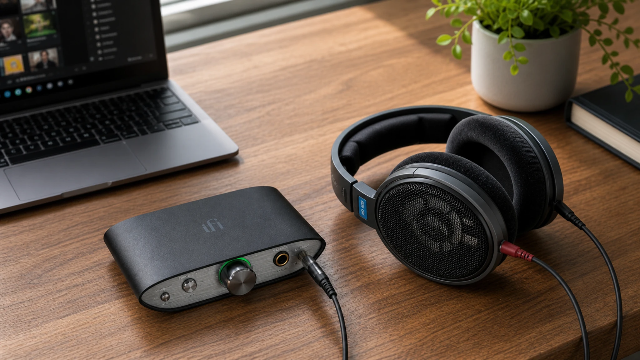 A headphone Amplifier in a desktop listening setup with open-back headphones on a wooden desk
