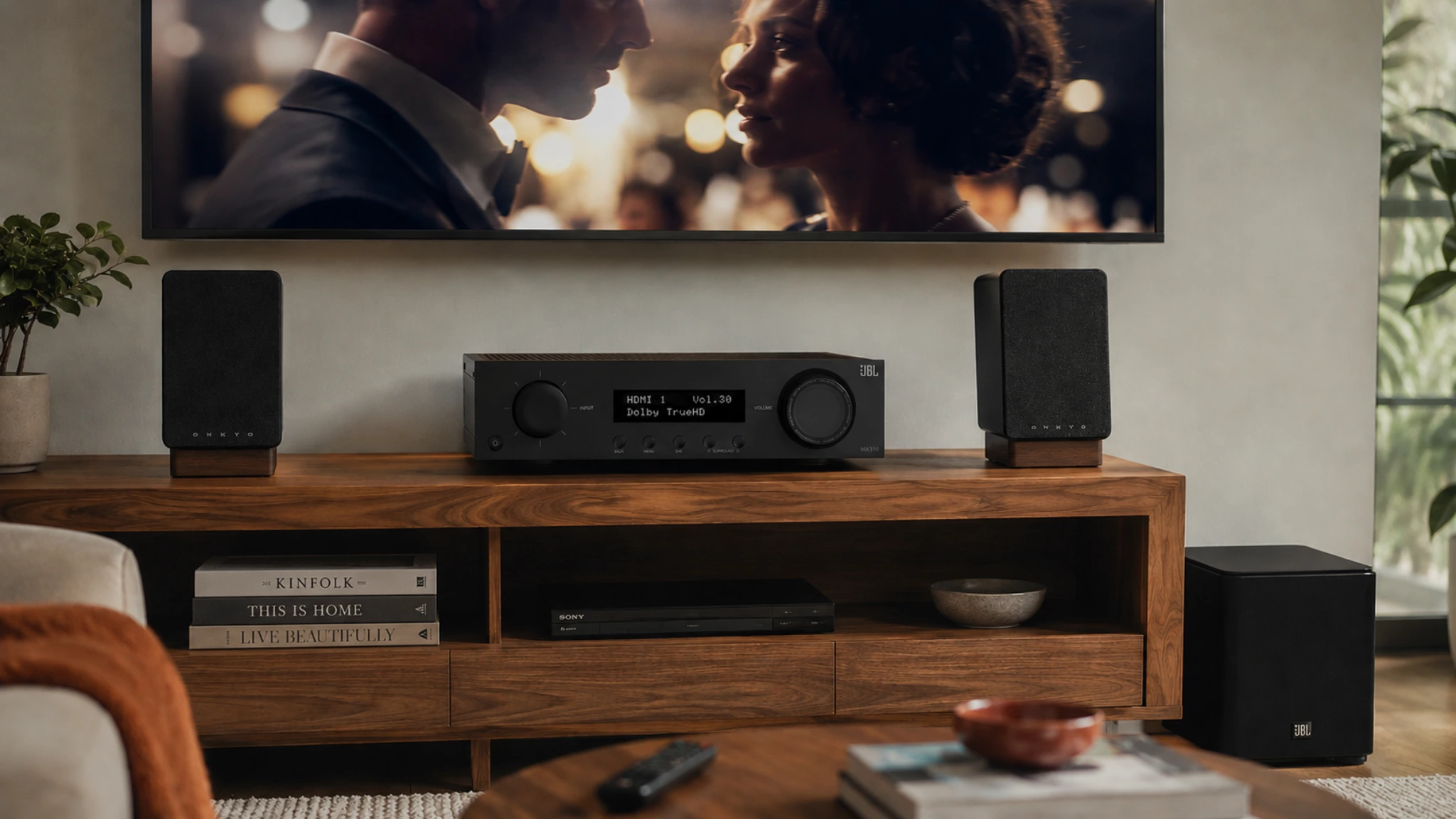 JBL MA310 review — 5.2 channel AV receiver in a modern minimalist living room home theater setup with bookshelf speakers and 4K TV