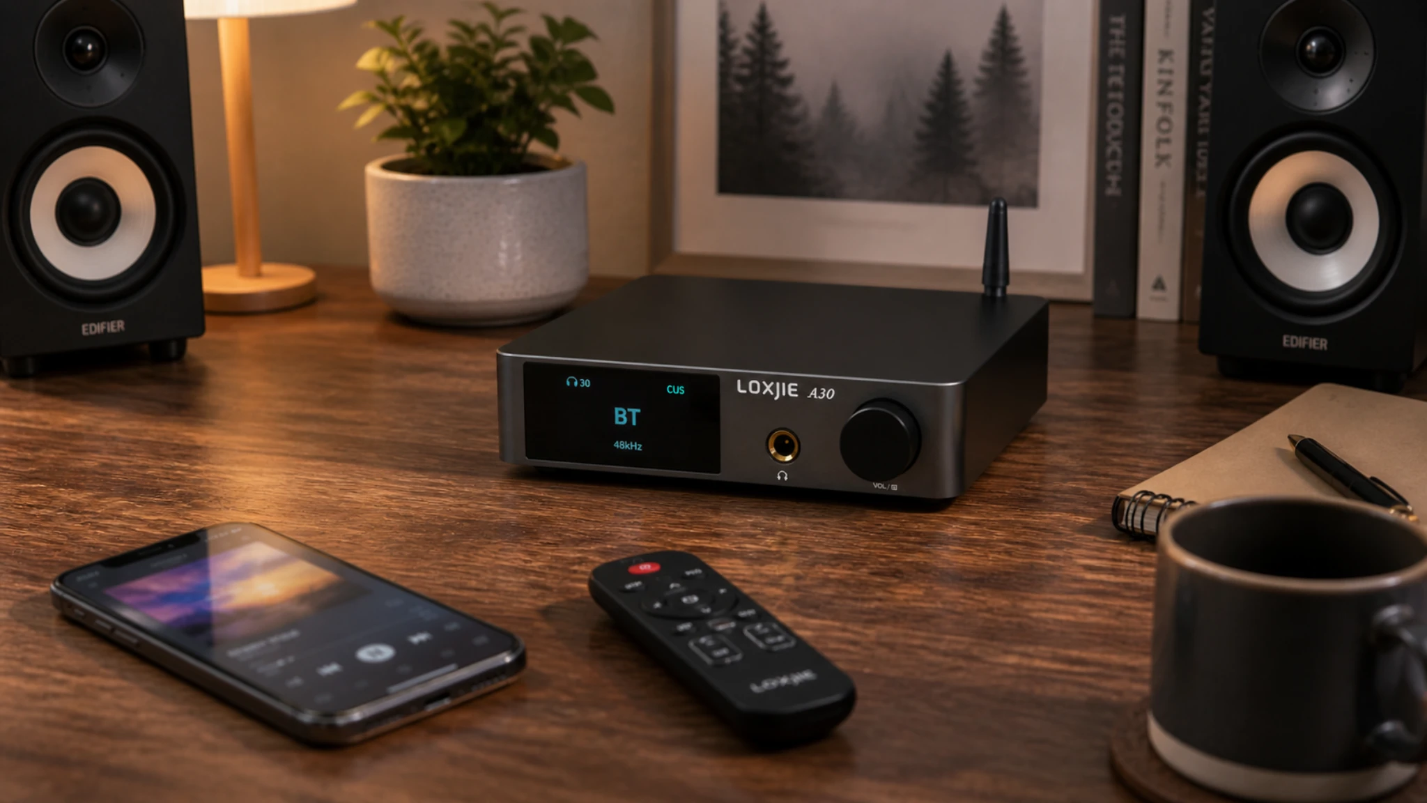 LOXJIE A30 review — desktop amplifier with Bluetooth display flanked by Edifier bookshelf speakers, remote control and smartphone on the desk