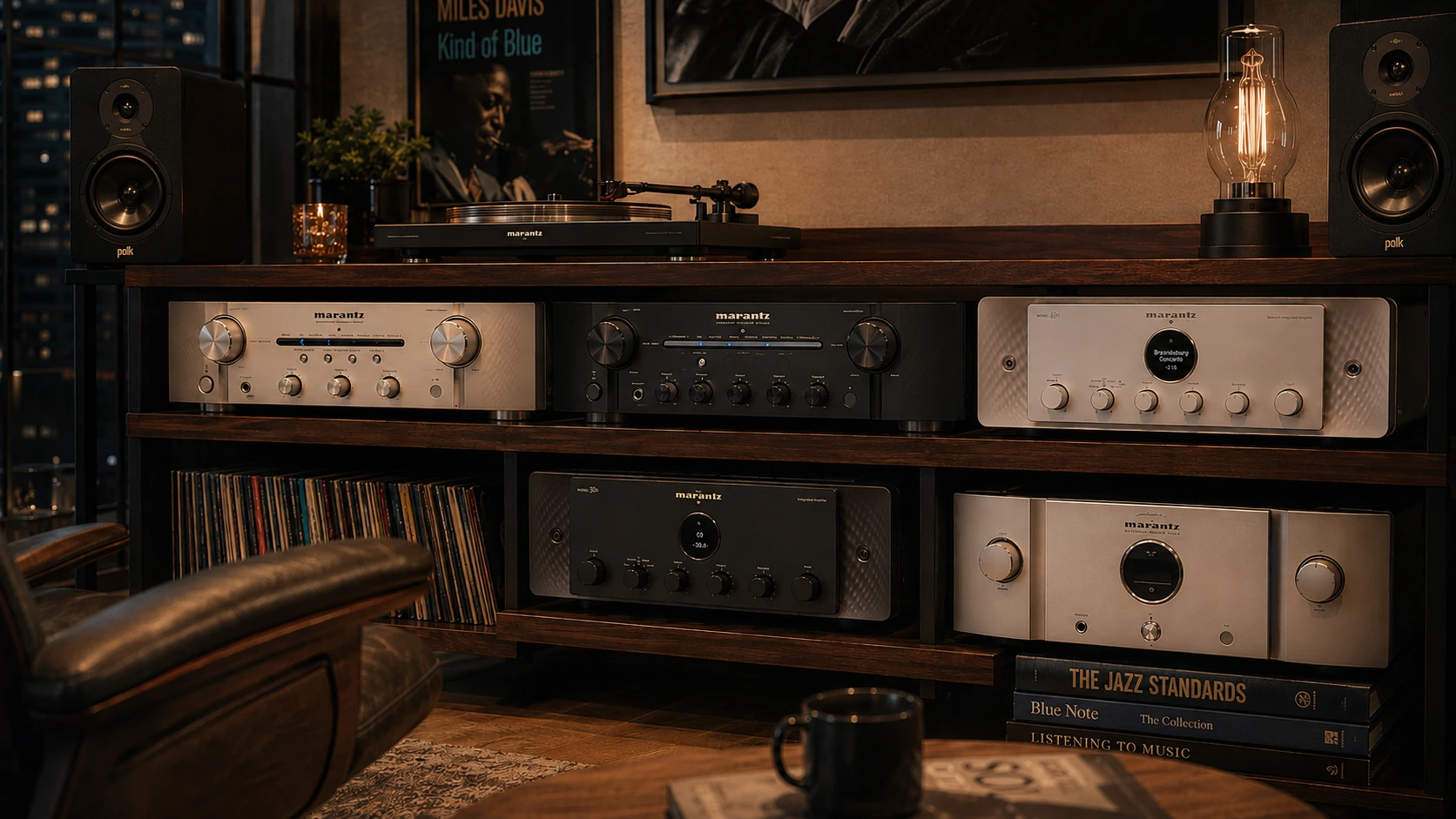 Marantz stereo amplifier lineup including PM6007, PM8006, Model 40n, Model 30, and PM-10 in a luxury home listening room