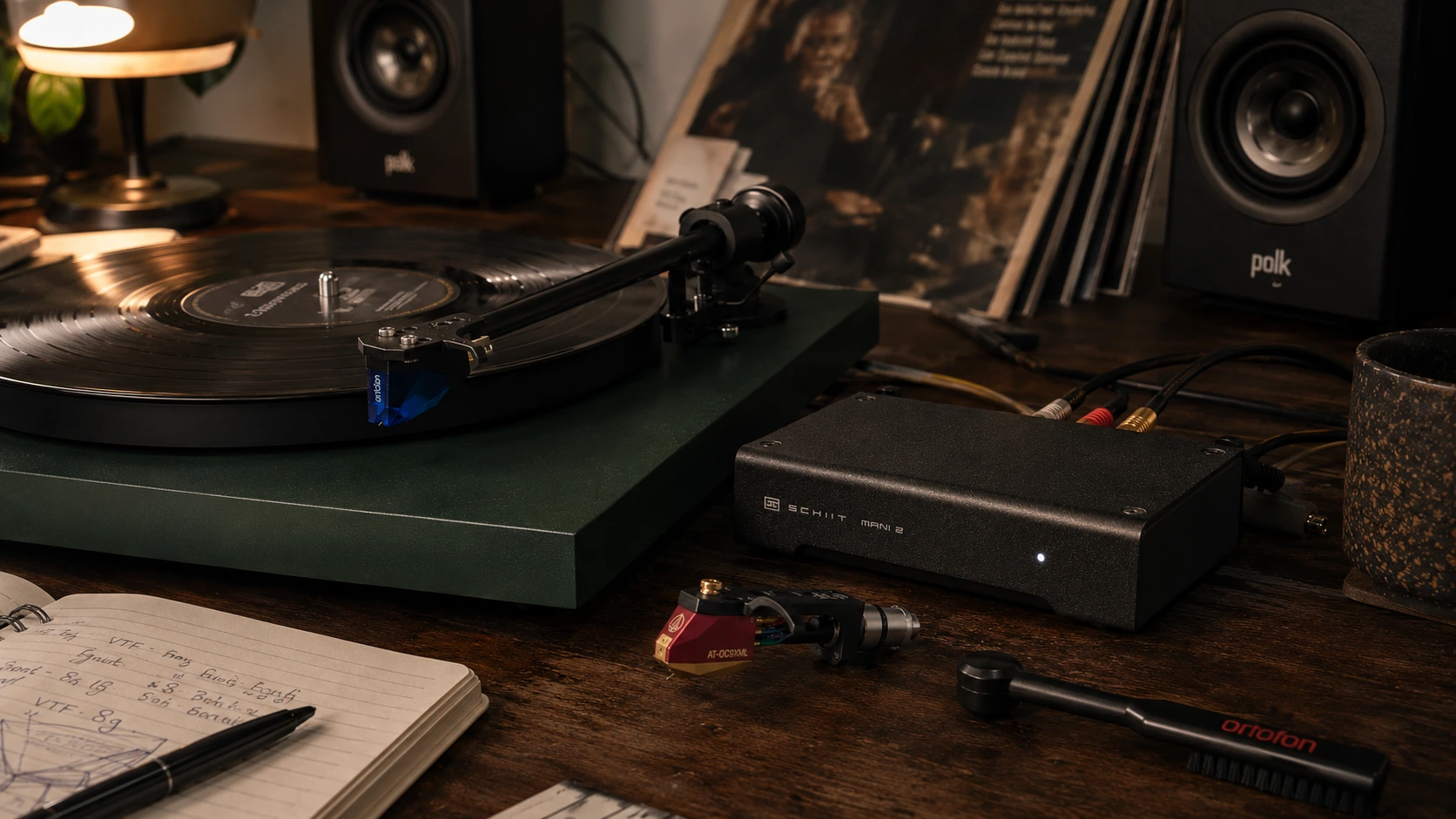 MM vs MC phono cartridge workspace editorial showing Ortofon 2M Blue and Audio-Technica AT-OC9XML cartridges beside a Schiit Mani 2 phono preamp on a Pro-Ject Debut Carbon EVO turntable setup