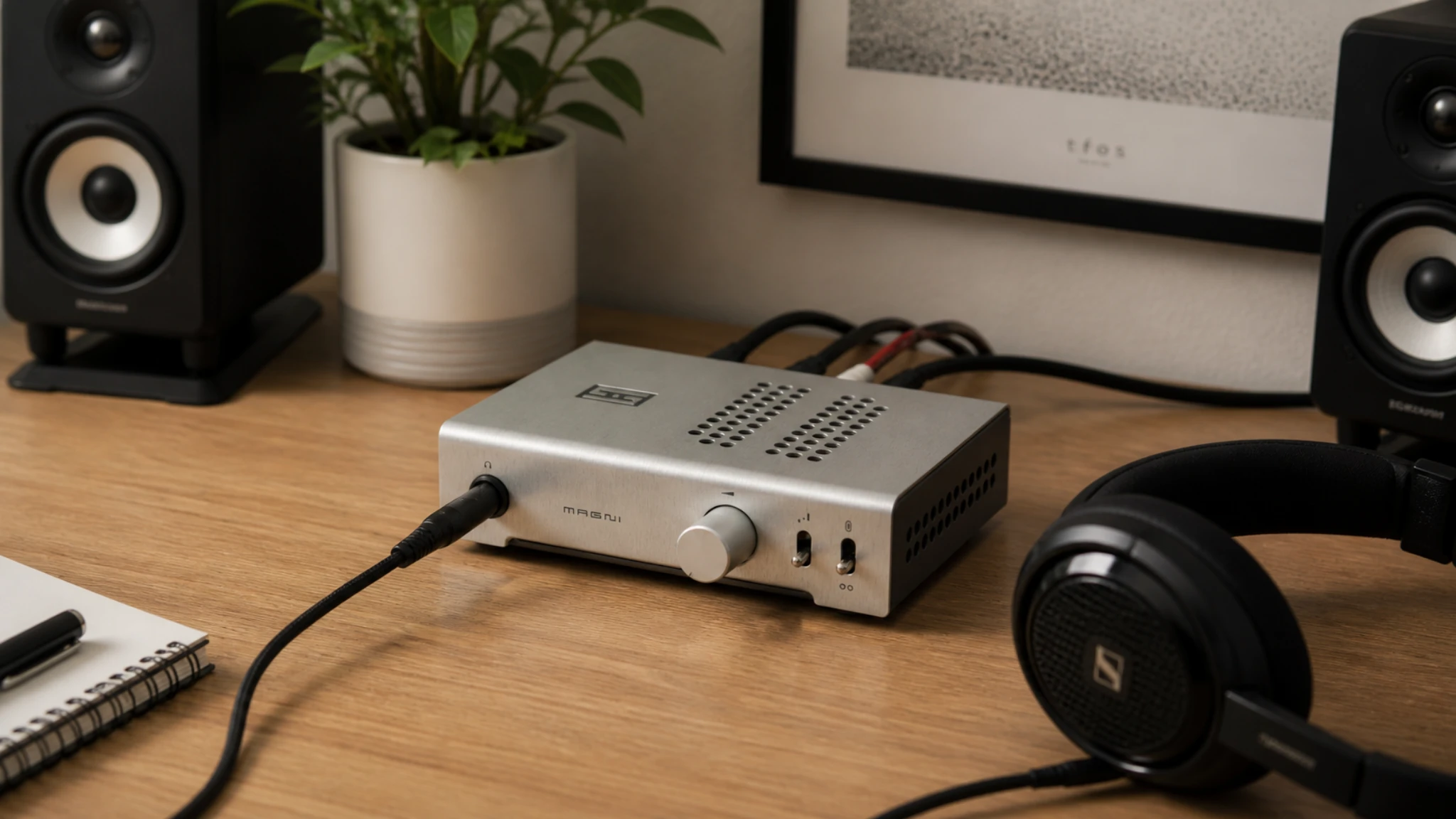 Schiit Magni Unity review — silver aluminium headphone amplifier with Sennheiser headphones and bookshelf speakers on a wooden desk