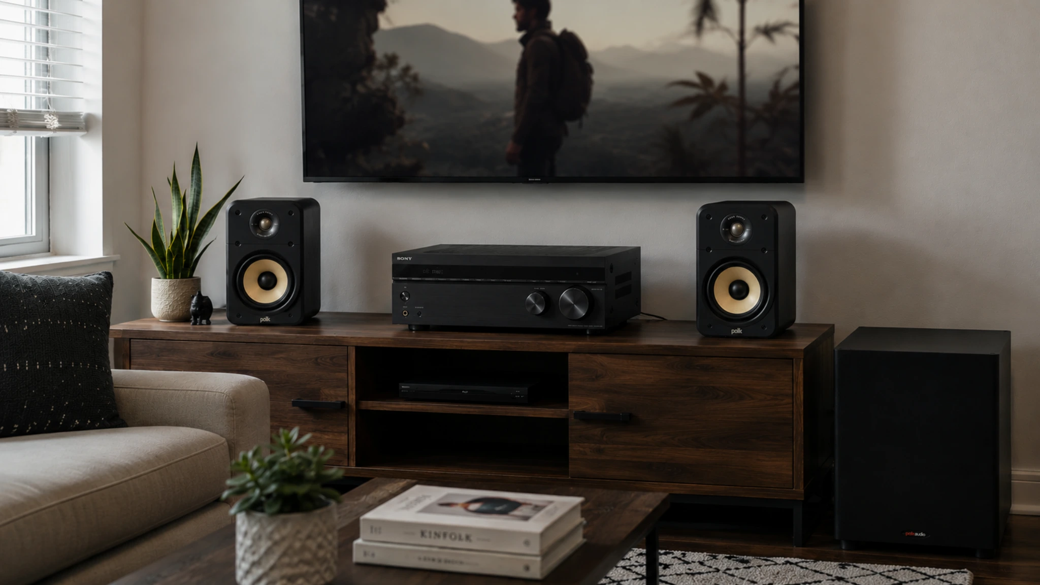 Best AV receiver under 500 — home theater setup with AV receiver connected to 4K TV, bookshelf speakers, and subwoofer in a modern living room