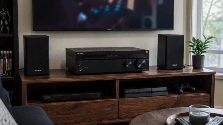 Sony STR-DH590 AV receiver in a realistic apartment home theater setup with Sony bookshelf speakers and wall-mounted 4K TV