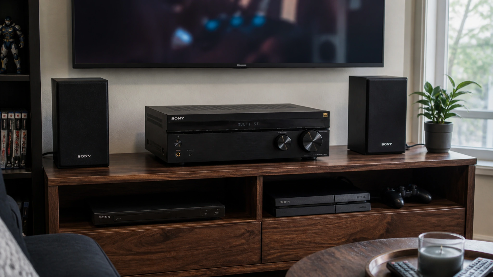 Sony STRDH590 review — 5.2 channel AV receiver in a realistic apartment home theater setup with bookshelf speakers and wall-mounted 4K TV