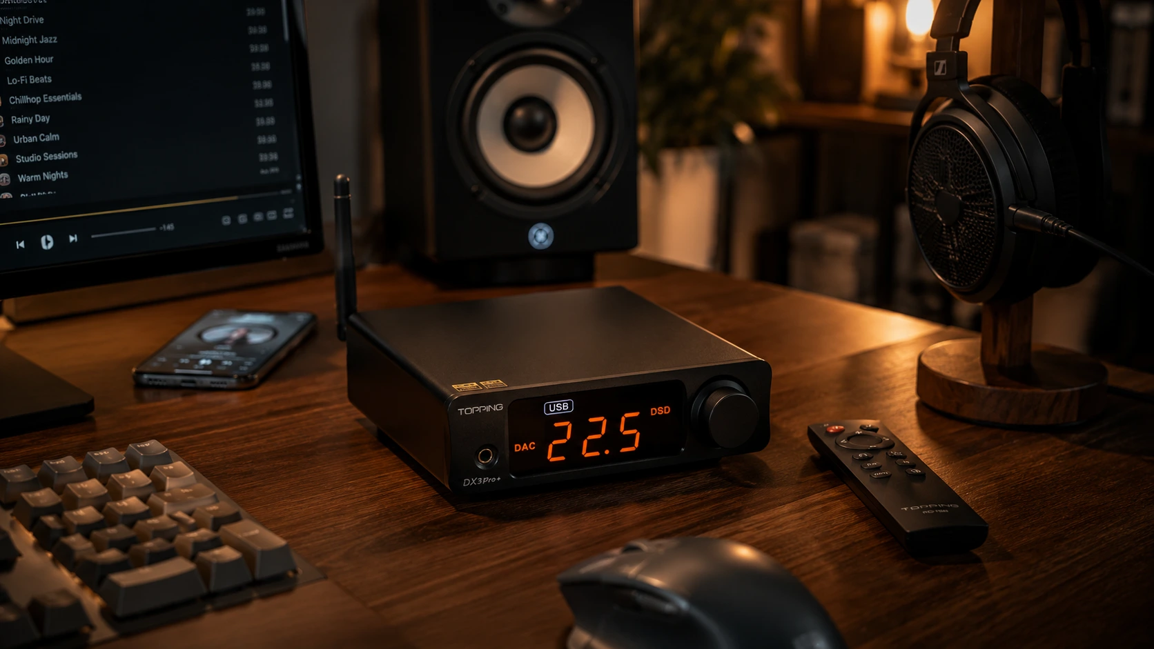 Topping DX3 Pro+ wireless LDAC Bluetooth DAC headphone amplifier on a warm wooden desk beside headphones, remote control, keyboard, and desktop speakers
