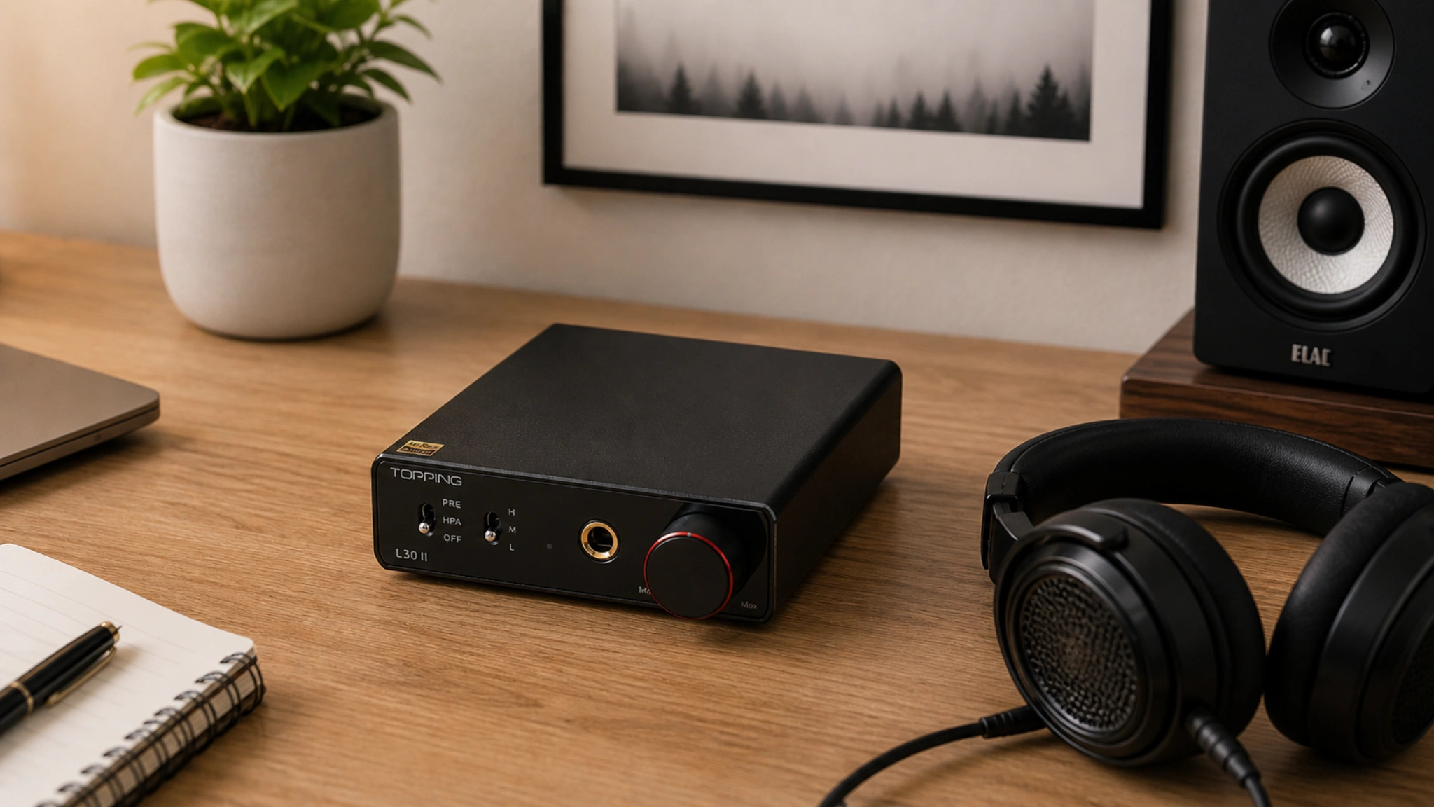 Topping L30II review — NFCA headphone amplifier on a wooden desk beside open-back headphones