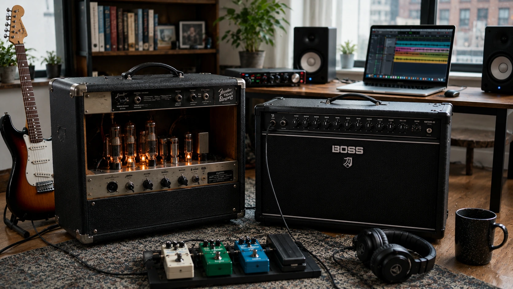Tube vs solid state guitar amp comparison in a daylight home studio featuring glowing vacuum tubes beside a modern solid state combo amp