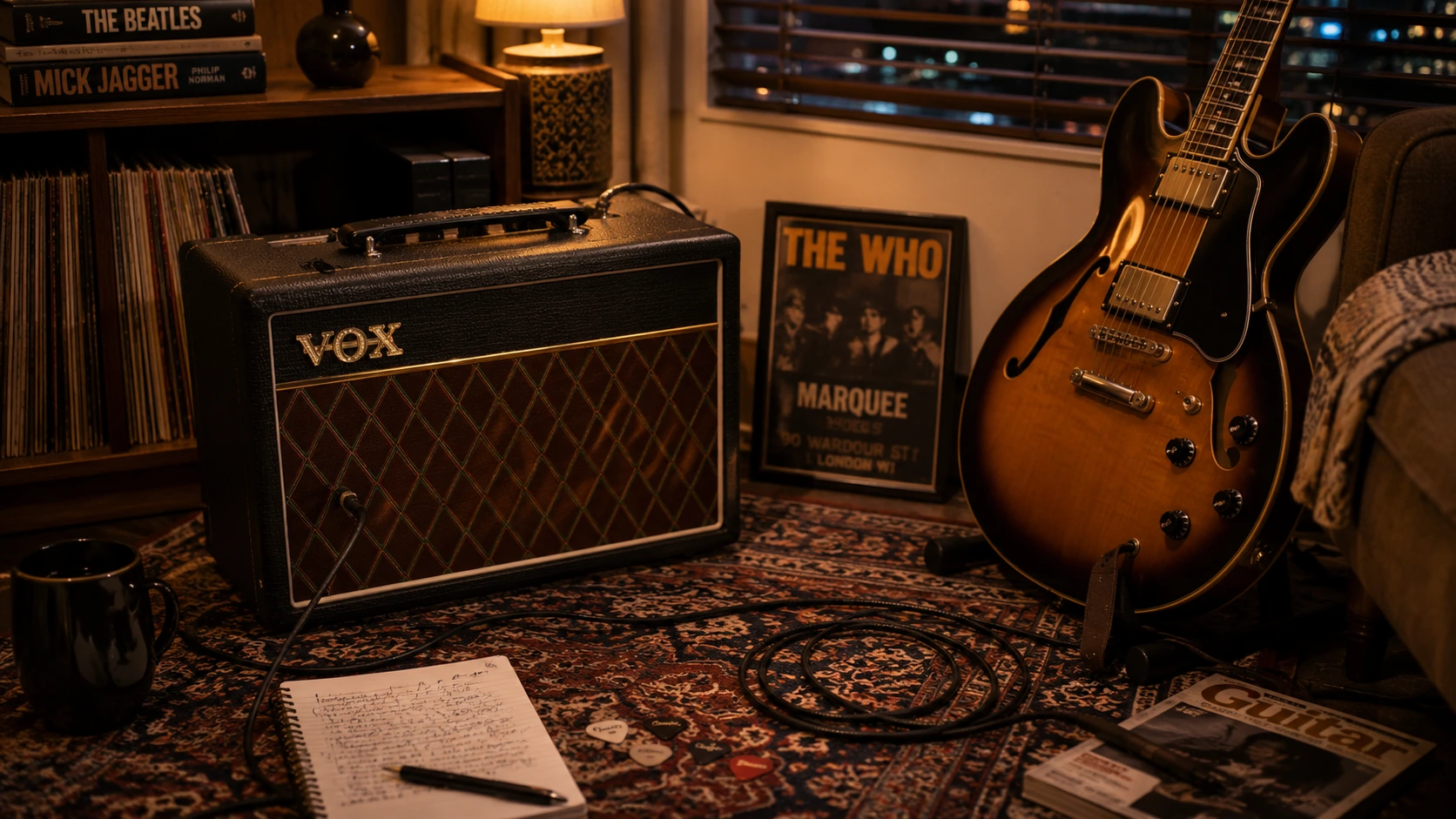 Vox Pathfinder 10 British-tone practice amp in a cozy apartment music corner beside semi-hollow guitar and vinyl records