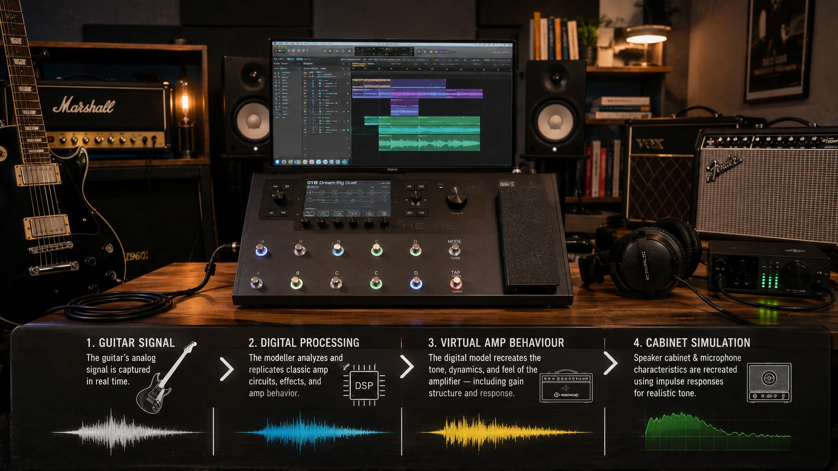 What is amp modelling — digital guitar amp modeller showing the signal chain from guitar input to virtual amp behaviour and cabinet simulation in a modern home studio