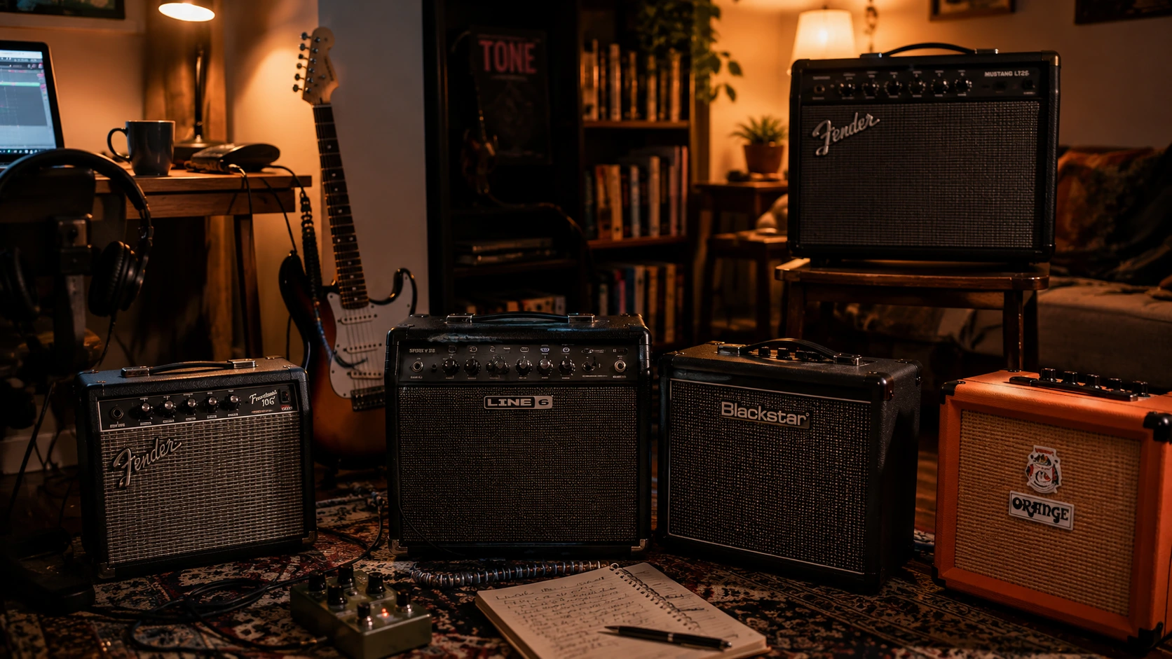 Best guitar amps under $200 in a cozy bedroom practice setup featuring Fender, Line 6, Blackstar, and Orange practice amps