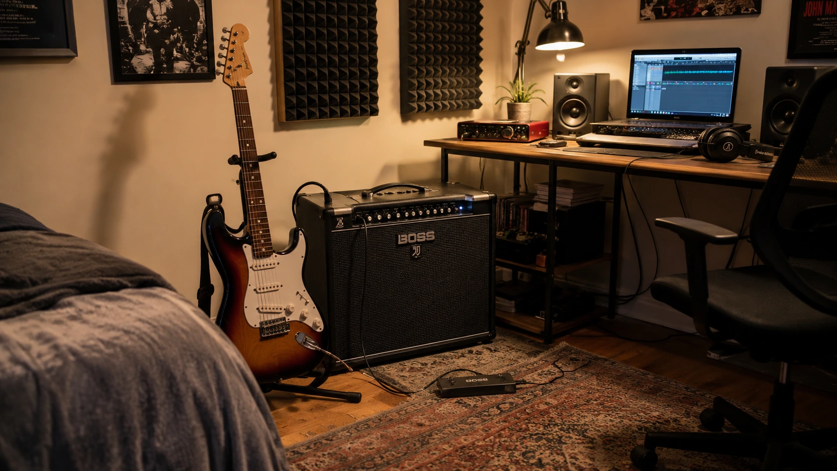 Best guitar amp for home use — modern bedroom home studio setup with guitar amp, electric guitar on stand, and acoustic treatment panels