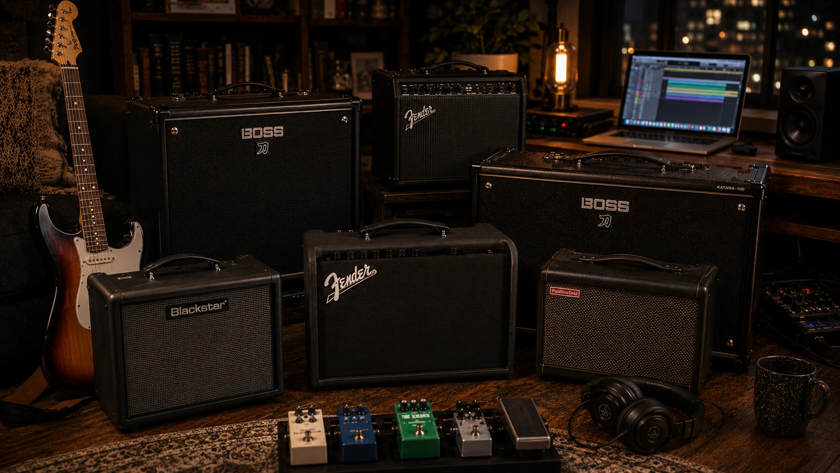 Best guitar amps under 500 including Boss Katana-50 Gen 3, Fender Mustang LT25, Positive Grid Spark 40, Blackstar HT-1R MkIII, and Boss Katana-100 Gen 3 in a cozy apartment home studio setup