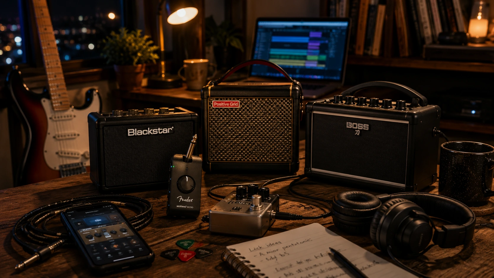 Best mini guitar amps in a cozy late-night apartment practice setup featuring Blackstar Fly 3, Boss Katana Mini, Positive Grid Spark Mini, and Fender Mustang Micro with guitar gear on a wooden desk
