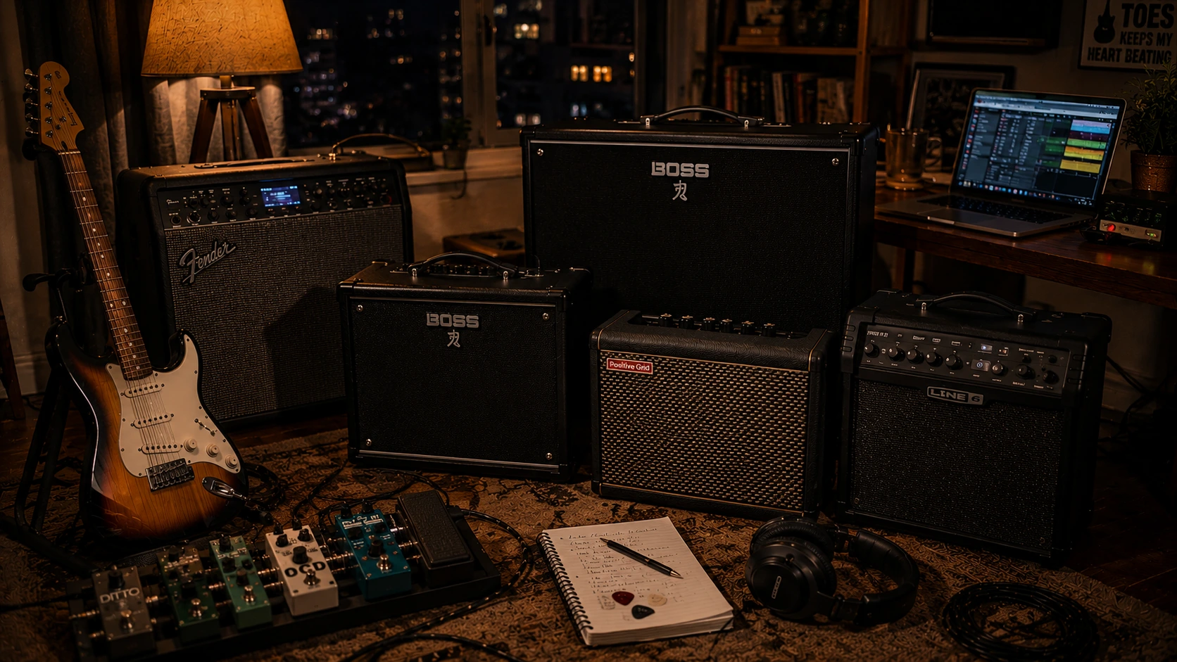 Best modelling guitar amps — collection of digital practice and performance amps including Fender Mustang LT25, Positive Grid Spark 40, Boss Katana-50 Gen 3, and Line 6 Spider V in a home studio setting