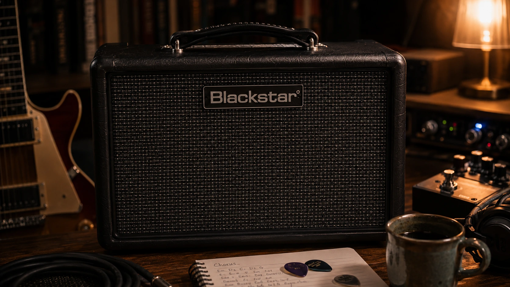 Blackstar HT-1R MkIII review — compact 1-watt tube guitar amp glowing warmly in a cozy bedroom practice setup with guitar gear and coffee mug