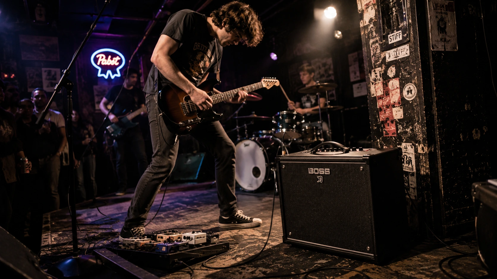 Boss Katana-50 Gen 3 review — 50W combo guitar amp on a small club stage during a live indie rock performance showing its real-world versatility