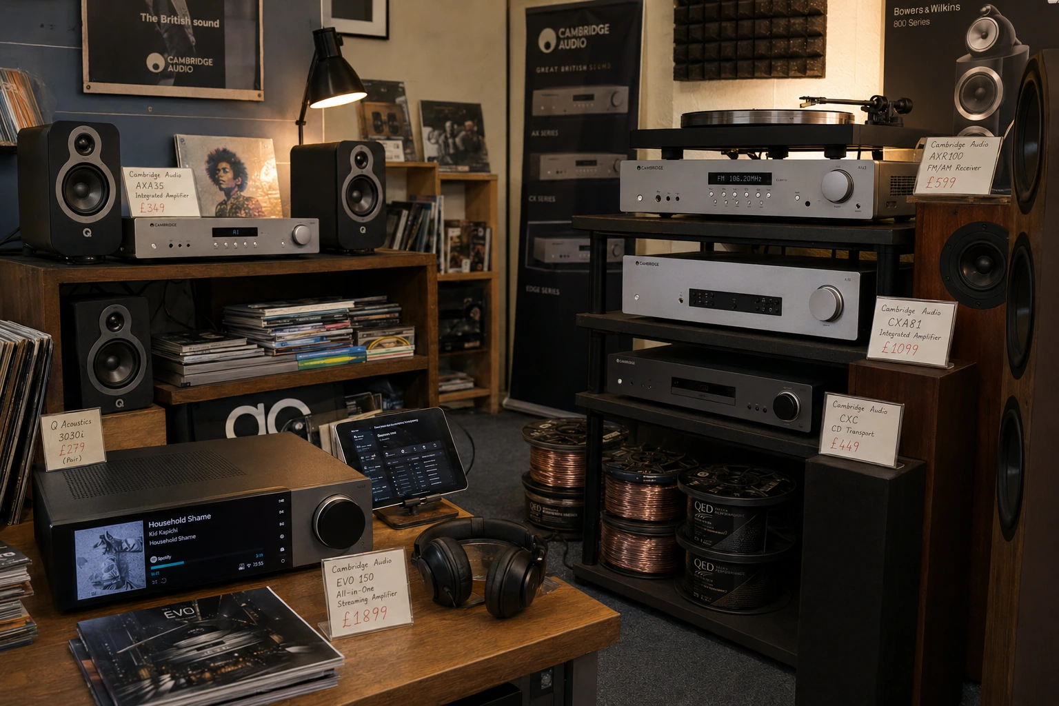 Cambridge Audio AXA35, AXR100, CXA81, and EVO 150 amplifiers displayed inside an independent hi-fi retailer demonstration room