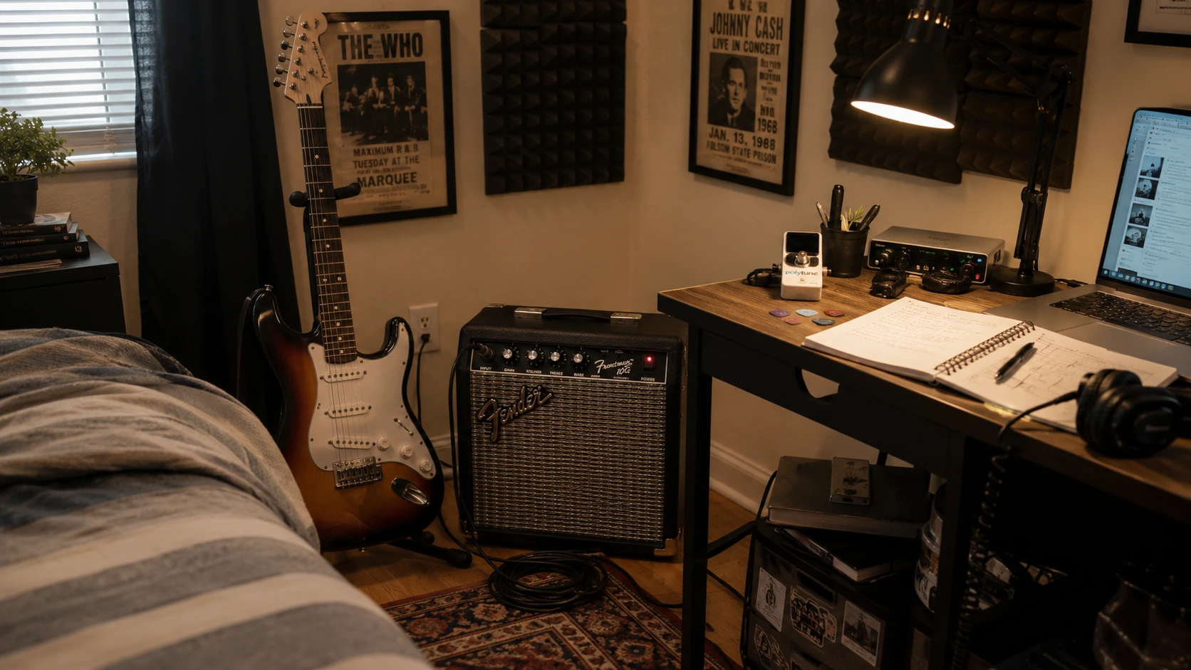 Fender Frontman 10G review — compact 10-watt solid state guitar amp on a bedroom desk beside a Stratocaster-style electric guitar