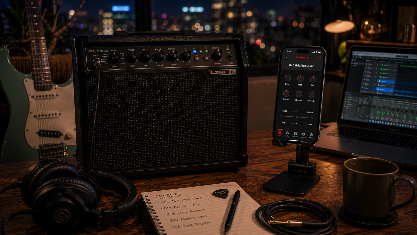 Line 6 Spider V 20 MkII review — modelling guitar amp in a rooftop apartment studio with Spider Remote app on iPhone and late-night recording setup