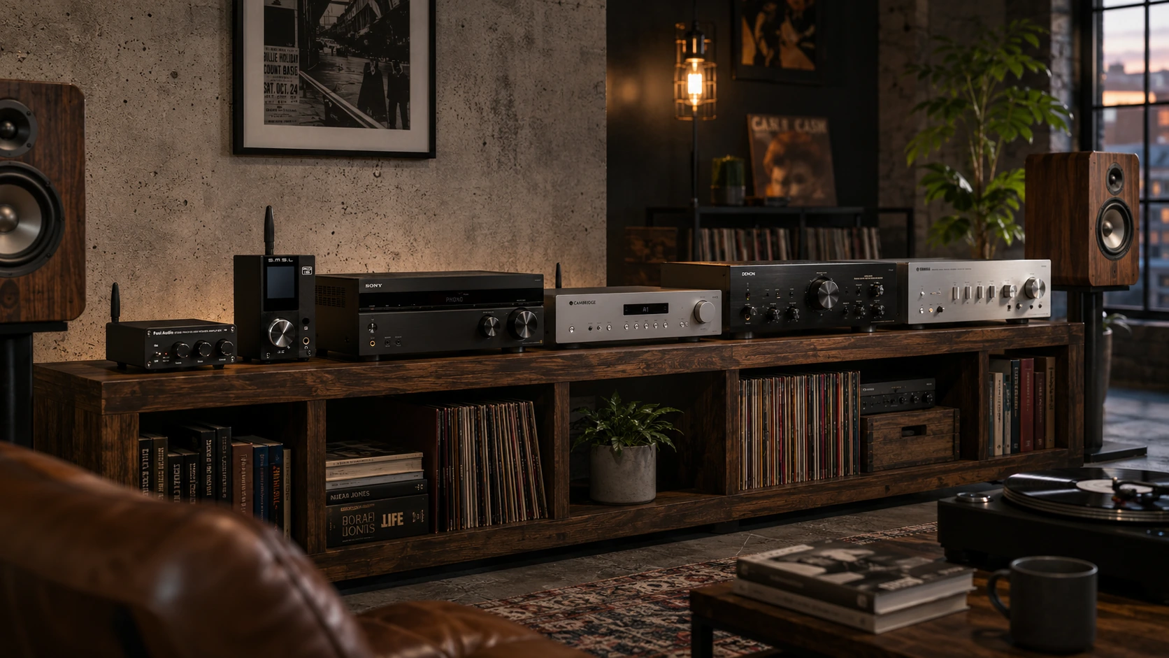 Six amplifiers for bookshelf speakers — Fosi BT20A, SMSL AD18, Sony STR-DH190, Cambridge AXA35, Denon PMA-600NE, and Yamaha A-S501 on a walnut media console