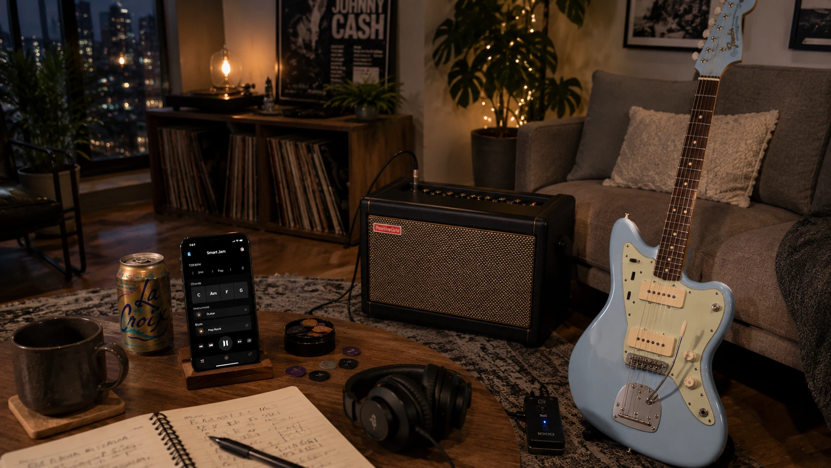 Positive Grid Spark 40 review — smart 40W guitar amp on a home studio desk with smartphone showing Spark app and AI Smart Jam backing track interface