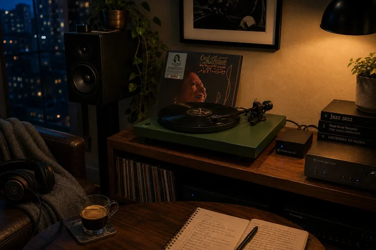 pro-Ject Debut Carbon EVO turntable in a warm late-night vinyl listening room with Umm Kulthum record artwork