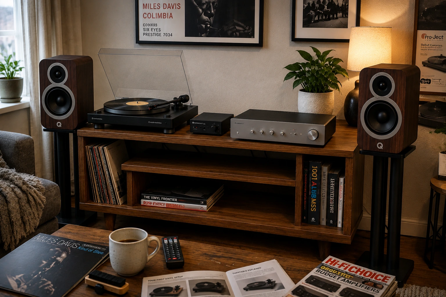 Complete vinyl setup for beginners showing turntable, phono preamp, integrated amplifier, and bookshelf speakers on a media console