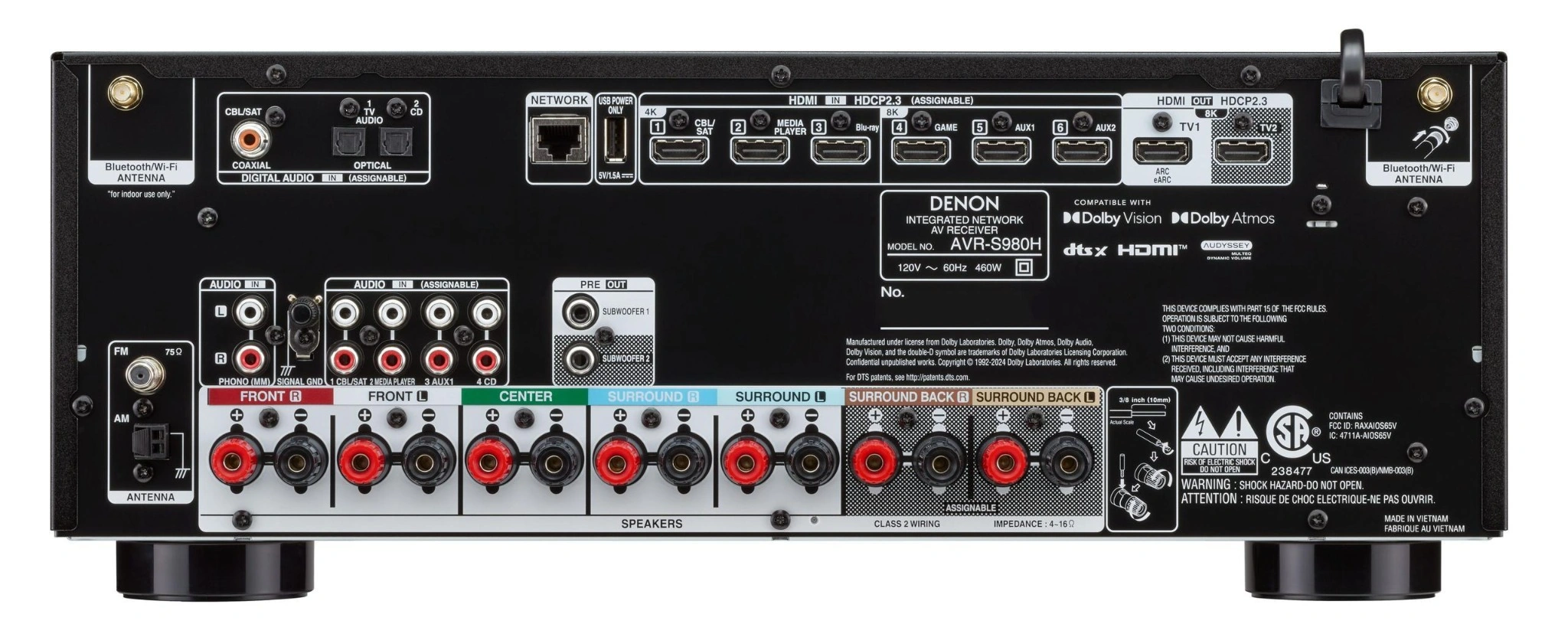 Denon AVR-S980H rear panel showing HDMI inputs, speaker terminals, and connectivity ports