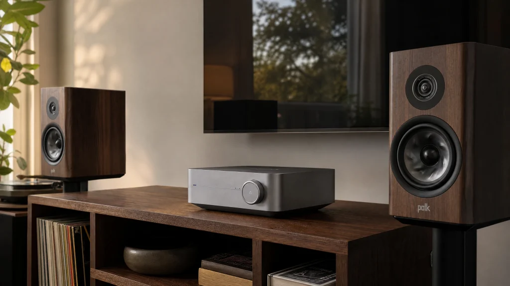 WiiM Amp Pro on a walnut media console between Polk Reserve R200 bookshelf speakers in a modern living room